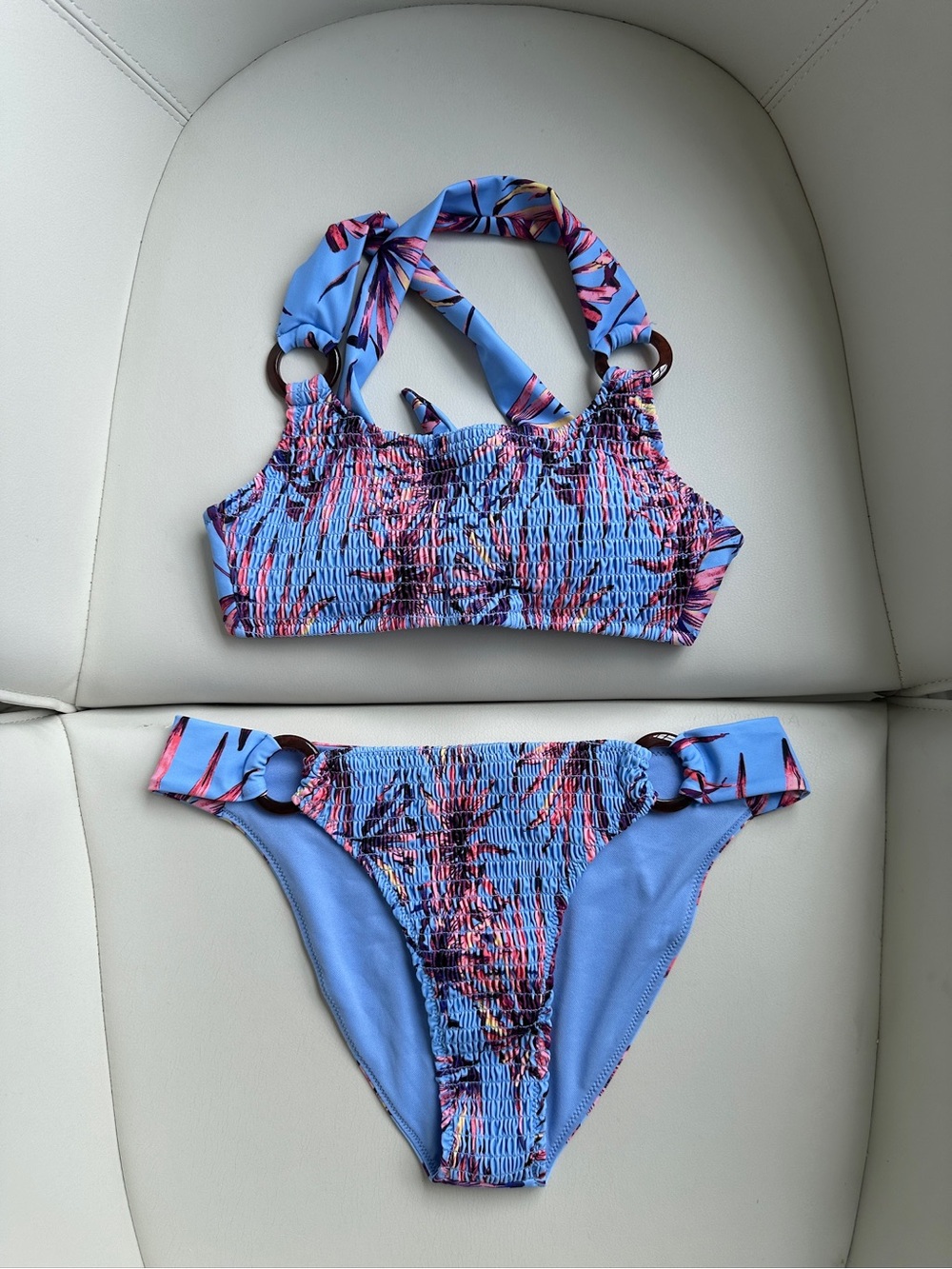 Jessica Simpson Ruched Tropical Blue Bandeau Bikini Two Piece in Size Small